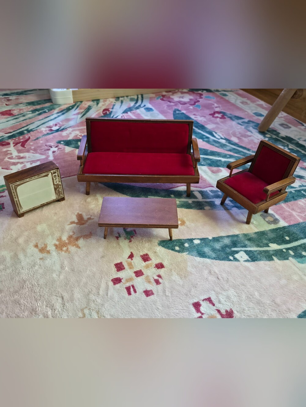 Mid-Century Style Red Velvet Miniature Doll Furniture Set